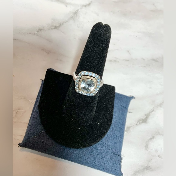 Stunning 10K Cushion-Cut Swiss Blue Topaz & Diamond Ring - Double Halo - Sz 6.75 - Picture 10 of 16